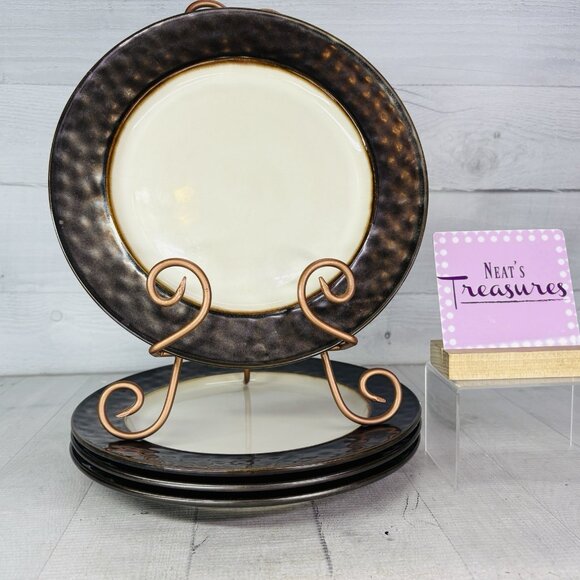 Cindy Crawford Metallic Bronze Hammer Rim Cream Ceramic Dinner Plates Set of 4 - Picture 1 of 16